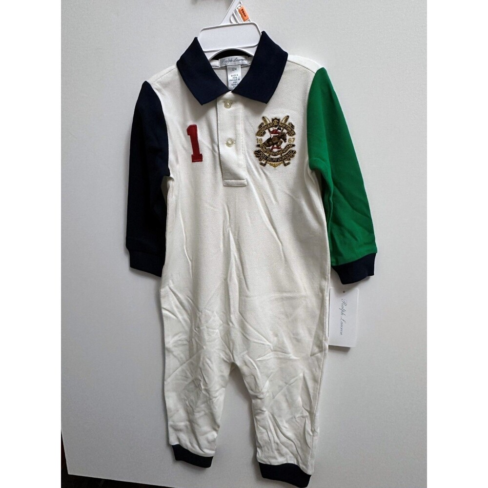 NWT Ralph Lauren Baby Boys Coverall 12 MOS Long-Sleeve CREST MESH